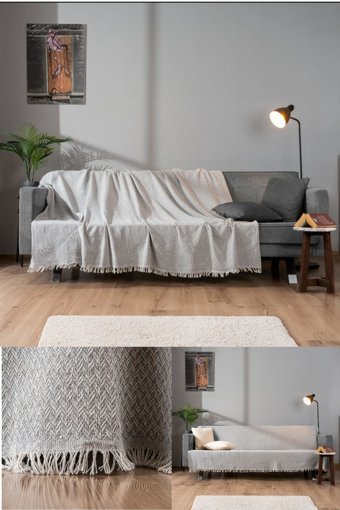 Nash Shoes Natural Pamuklu Jakarlı Süngersiz Geometrik Desenli Gri Tekli Koltuk Örtüsü 170x210 cm