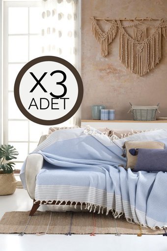 Lux Touch Bergama Pamuklu Püsküllü Süngersiz Geometrik Desenli Mavi Üçlü Koltuk Örtüsü 180x200 cm