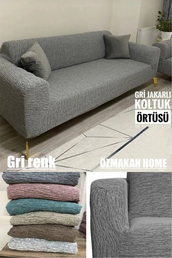 Özmakan Likralı Jakarlı Süngersiz Çizgili Giydirmeli Gri Tekli Koltuk Örtüsü 180x230 cm