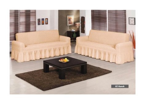 Armağan Pamuklu - Polyester Bürümcük Fırfırlı Süngersiz Giydirmeli Lastikli Bej İkili Koltuk Örtüsü 140x180 cm