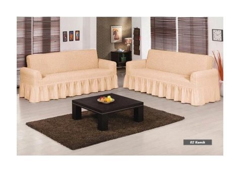 Armağan Pamuklu - Polyester Bürümcük Fırfırlı Süngersiz Giydirmeli Lastikli Bej İkili Koltuk Örtüsü 140x180 cm