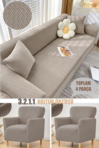 Uzhanem Polyester Bürümcük-Likralı Süngerli Geometrik Desenli Giydirmeli Kahverengi Dörtlü Koltuk Örtüsü 180x230 cm