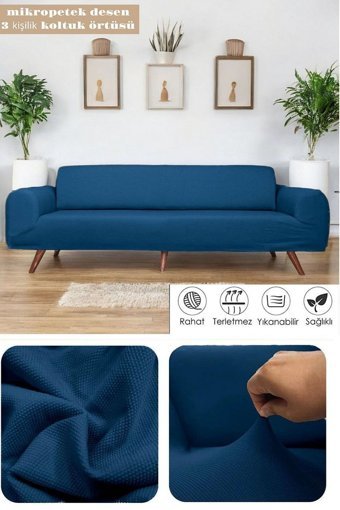 Btf Home Polyester Likralı Jakarlı Süngersiz Armürlü Giydirmeli Lastikli Mavi Üçlü Koltuk Örtüsü 180x230 cm