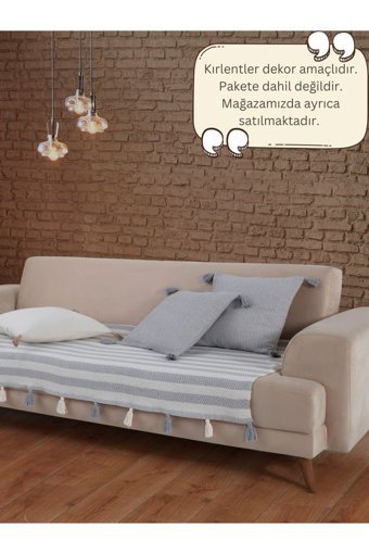 Lux Touch Liva Pamuklu Ponponlu-Püsküllü Süngersiz Geometrik Desenli Gri Tekli Koltuk Örtüsü 115x201 cm