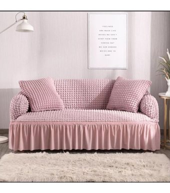 Güzel Aral GA-290 Pamuklu - Polyester Bürümcük Fırfırlı Süngersiz Kapitone Giydirmeli Lastikli Pembe Üçlü Koltuk Örtüsü 180x230 cm