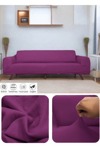 Riseler Home Pamuklu - Polyester Likralı Jakarlı Süngersiz Çiçek Desenli Giydirmeli Mor Üçlü Koltuk Örtüsü 180x230 cm