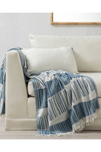 English Home Delmor Pamuklu Kanvas Saçaklı Süngersiz Armürlü Kaymaz Lacivert Üçlü Koltuk Örtüsü 130x170 cm