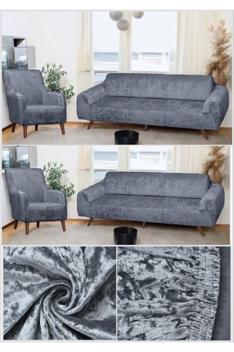 Btf Home Kadife Likralı Tüylü Süngersiz Düz Giydirmeli Lastikli Gri Dörtlü Koltuk Örtüsü 180x230 cm