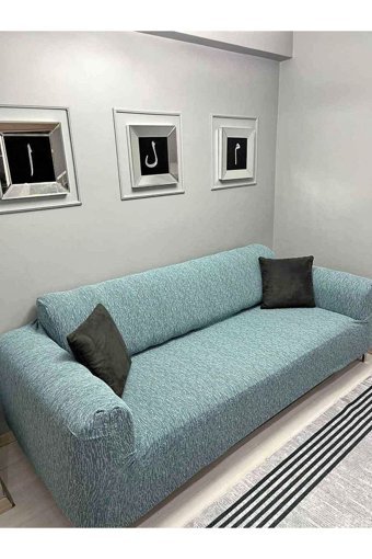 Tuchmall Pamuklu - Polyester Bürümcük-Likralı Jakarlı Süngerli Çizgili Giydirmeli Yeşil Tekli Koltuk Örtüsü 180x230 cm