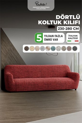 Paulato Mikrofiber Likralı Jakarlı Süngersiz Çizgili Giydirmeli Bordo Dörtlü Koltuk Örtüsü 250x310 cm
