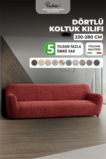 Paulato Mikrofiber Likralı Jakarlı Süngersiz Çizgili Giydirmeli Bordo Dörtlü Koltuk Örtüsü 250x310 cm