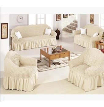 Karçiçeği Pamuklu - Polyester Bürümcük Fırfırlı Süngersiz Kareli Giydirmeli Beyaz Dörtlü Koltuk Örtüsü 180x230 cm