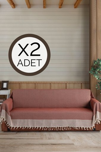 Lux Touch Pamuklu Püsküllü Süngersiz Geometrik Desenli Kiremit İkili Koltuk Örtüsü 180x300 cm