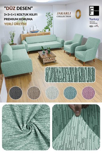 Faiend Pamuklu - Polyester Jakarlı Süngersiz Kırçıllı Giydirmeli Gri 3-3-1-1 Koltuk Örtüsü 180x220 cm