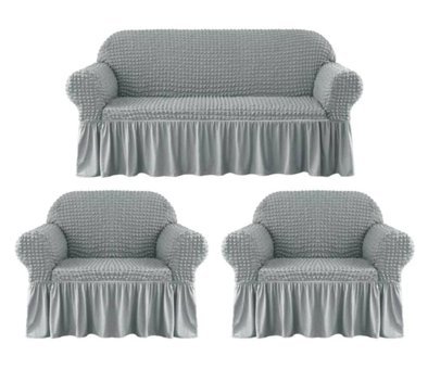 Elgeyar Pamuklu - Polyester Bürümcük Jakarlı Süngersiz Armürlü Giydirmeli Gri Beşli Koltuk Örtüsü 183x230 cm