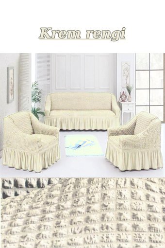 Kanway Polyester Bürümcük Fırfırlı Süngersiz Kapitone Giydirmeli Krem Üçlü Koltuk Örtüsü 180x230 cm