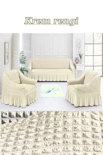 Kanway Polyester Bürümcük Fırfırlı Süngersiz Kapitone Giydirmeli Krem Üçlü Koltuk Örtüsü 180x230 cm