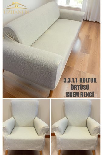 Uzhanem Pamuklu - Polyester Likralı Jakarlı Süngerli Çizgili Giydirmeli Bej Tekli Koltuk Örtüsü 180x230 cm