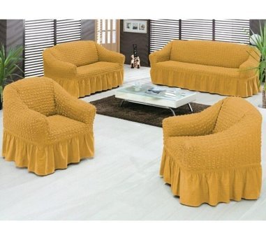 Nusret Pamuklu Bürümcük Fırfırlı Süngersiz Çiçek Desenli Giydirmeli Sarı Dörtlü Koltuk Örtüsü 180x230 cm