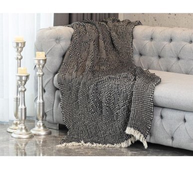 Ebrubazaar Pamuklu Kanvas Saçaklı Süngersiz Armürlü Siyah Üçlü Koltuk Örtüsü 120x260 cm