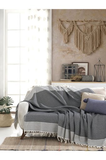 By Ballı Biocotton Pamuklu Kanvas Püsküllü Süngersiz Armürlü Siyah Üçlü Koltuk Örtüsü 170x210 cm