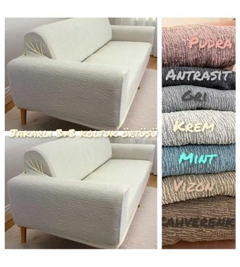 Güzel Aral Jakarlı Kırçıllı Giydirmeli Krem İkili Koltuk Örtüsü 180x230 cm