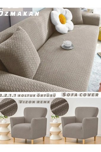 Özmakan Pamuklu - Polyester Likralı Jakarlı Süngersiz Giydirmeli Kahverengi Dörtlü Koltuk Örtüsü 180x230 cm