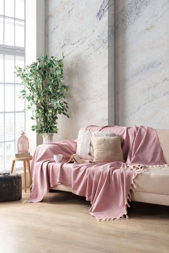 Miracolo Home Pamuklu Püsküllü Süngersiz Çizgili Gül Kurusu Tekli Koltuk Örtüsü 170x230 cm