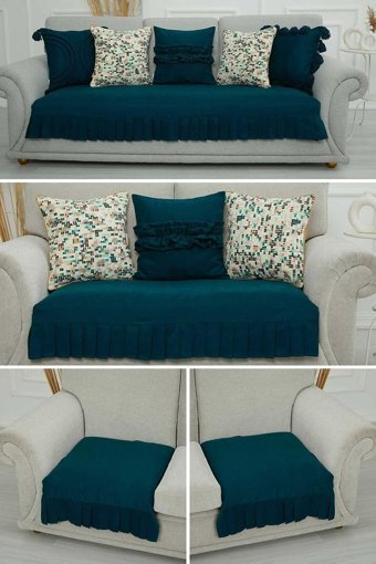 Aisha's Design KTK-8 Polyester Örgü Pileli Süngersiz Düz Mavi Dörtlü Koltuk Örtüsü 34x48 cm