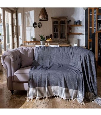 Miracolo Home Pamuklu Püsküllü Süngersiz Geometrik Desenli Lacivert Tekli Koltuk Örtüsü 180x215 cm