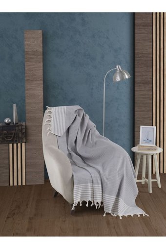 Lux Touch Bergama Pamuklu Püsküllü Süngersiz Geometrik Desenli Gri Tekli Koltuk Örtüsü 150x180 cm