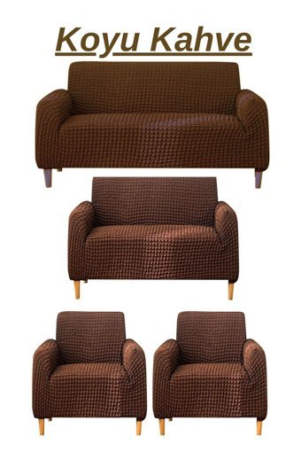 Ensari Karaoğlu Pamuklu - Polyester Bürümcük Jakarlı Süngersiz Armürlü Giydirmeli Kahverengi Yedili Koltuk Örtüsü 180x230 cm