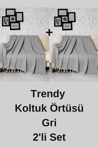 Denizli Concept Trendy Pamuklu - Polyester Kanvas Püsküllü Süngersiz Armürlü Gri Altılı Koltuk Örtüsü 170x301 cm