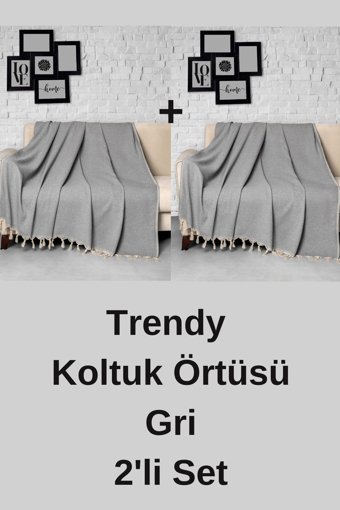 Denizli Concept Trendy Pamuklu - Polyester Kanvas Püsküllü Süngersiz Armürlü Gri Altılı Koltuk Örtüsü 170x301 cm