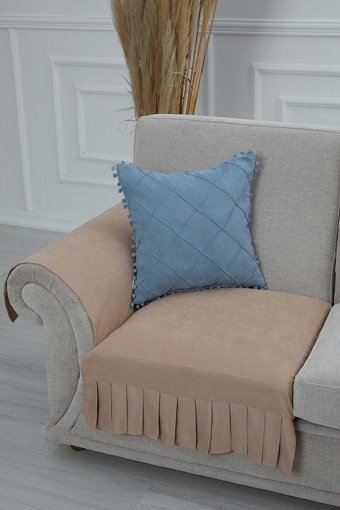 Aisha's Design KTK-7 Polyester Örgü Pileli Süngersiz Düz Vizon İkili Koltuk Örtüsü 34x48 cm