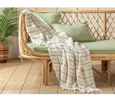 English Home Belicia Pamuklu Kanvas Püsküllü Süngersiz Armürlü Kaymaz Siyah Üçlü Koltuk Örtüsü 130x170 cm