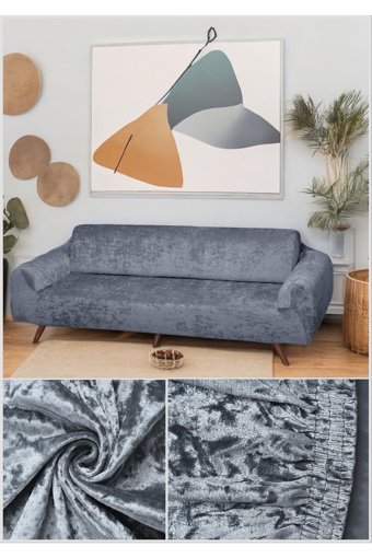 Btf Home Kadife Likralı Tüylü Süngersiz Düz Giydirmeli Lastikli Gri Tekli Koltuk Örtüsü 180x230 cm