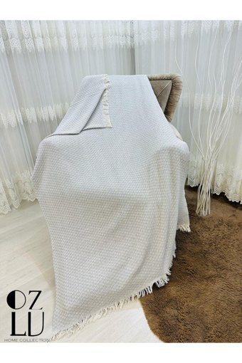 Özlü Home Atlas Pamuklu - Polyester Örgü Saçaklı Süngersiz Çizgili Kaymaz Gri Tekli Koltuk Örtüsü 170x210 cm