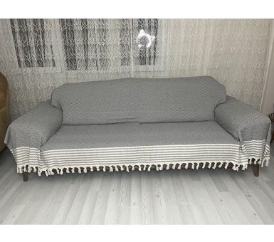 Nasır Home Pamuklu Püsküllü Süngersiz Düz Gri Dörtlü Koltuk Örtüsü 180x300 cm