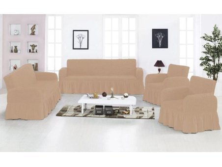 Güliz Collection Pamuklu Bürümcük Fırfırlı Süngersiz Kapitone Giydirmeli Beyaz Tekli Koltuk Örtüsü 180x215 cm