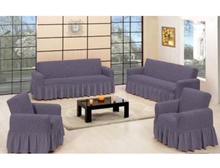 Lady Bella Elite Home Style Pamuklu Bürümcük Fırfırlı Süngersiz Kareli Giydirmeli Gri Dörtlü Koltuk Örtüsü 100x230 cm
