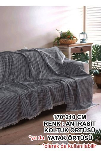 Dakkors Home Pamuklu Kanvas Saçaklı Süngersiz Armürlü Gri Üçlü Koltuk Örtüsü 170x210 cm