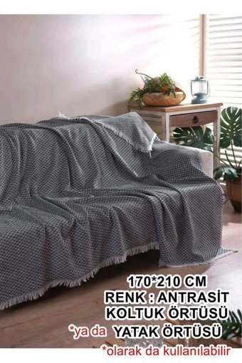 Dakkors Home Pamuklu Kanvas Saçaklı Süngersiz Armürlü Gri Üçlü Koltuk Örtüsü 170x210 cm