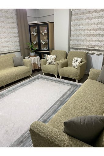 Uyumev Pamuklu - Polyester Bürümcük-Likralı Jakarlı Süngerli Çizgili Giydirmeli Kahverengi Dörtlü Koltuk Örtüsü 180x230 cm
