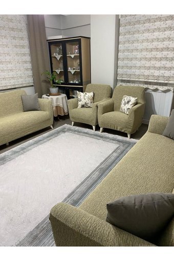 Uyumev Pamuklu - Polyester Bürümcük-Likralı Jakarlı Süngerli Çizgili Giydirmeli Kahverengi Dörtlü Koltuk Örtüsü 180x230 cm
