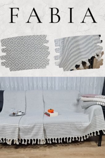 Fabia Home Pamuklu Örgü Püsküllü Süngersiz Armürlü Beyaz-Mavi Tekli Koltuk Örtüsü 170x210 cm