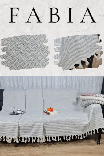 Fabia Home Pamuklu Örgü Püsküllü Süngersiz Armürlü Beyaz-Mavi Tekli Koltuk Örtüsü 170x210 cm