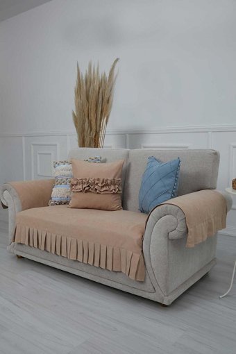 Aisha's Design KTK-4 Polyester Örgü Pileli Süngersiz Düz Vizon İkili Koltuk Örtüsü 34x48 cm
