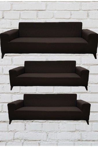Şahane Ev Mikro Polyester Likralı Jakarlı Süngersiz Düz Giydirmeli Lastikli Kahverengi Üçlü Koltuk Örtüsü 55x13 cm
