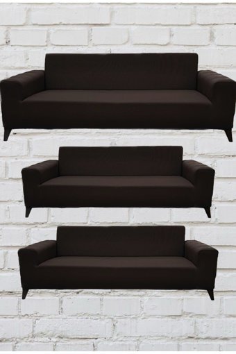 Şahane Ev Mikro Polyester Likralı Jakarlı Süngersiz Düz Giydirmeli Lastikli Kahverengi Üçlü Koltuk Örtüsü 55x13 cm
